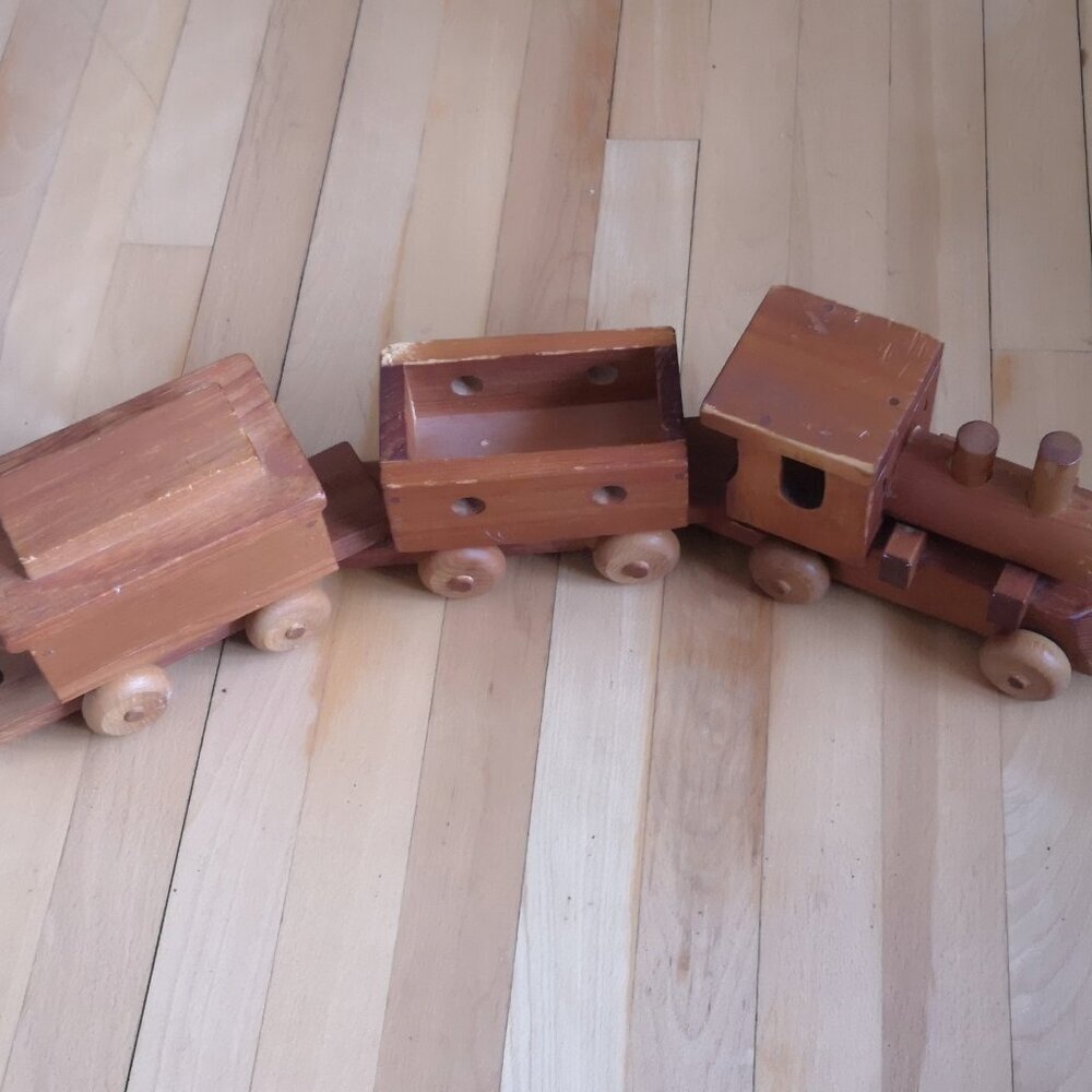 VTG Big Cove Toys Handcrarfted Wood Train Set w/3 Cars Made in Big Cove NB Rare